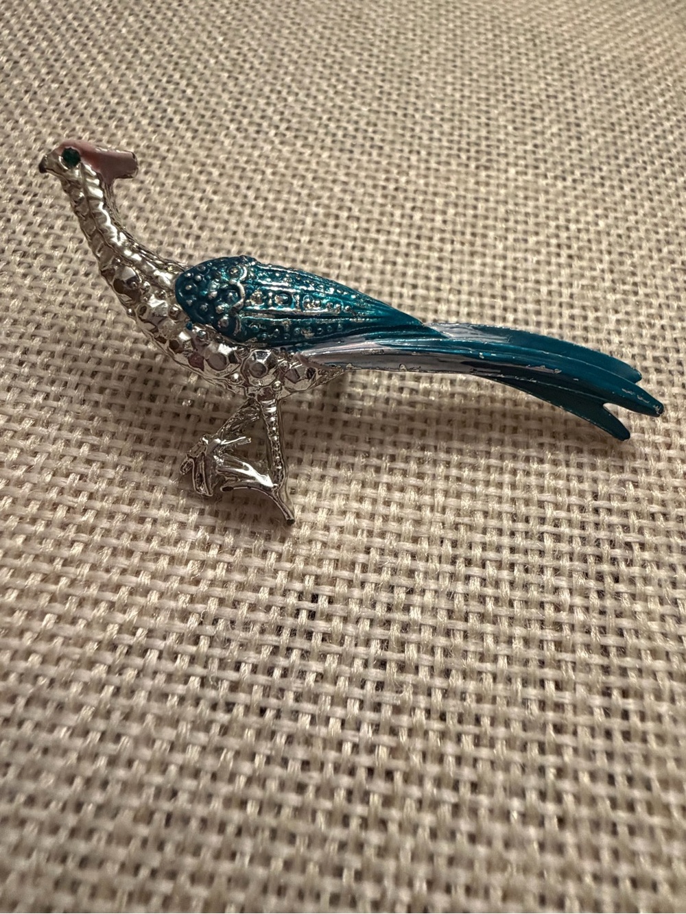 Teal and Silver Enamel Bird Brooch for Women